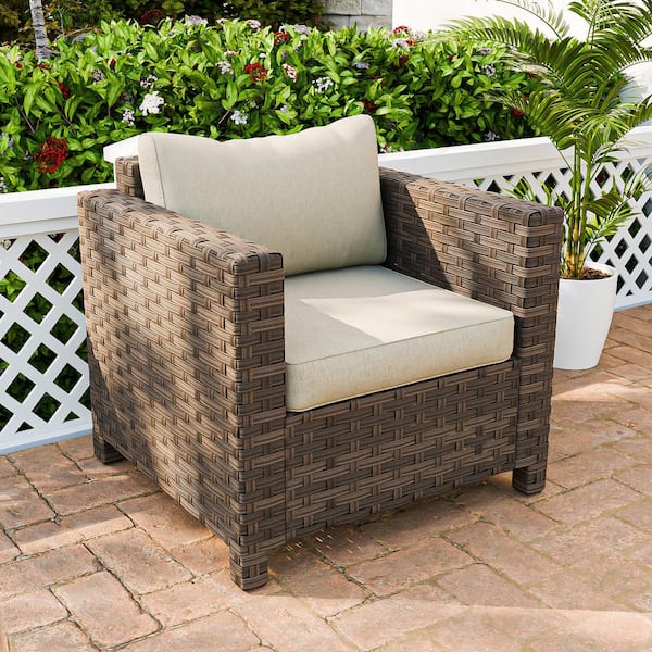 All-Weather Outdoor Wicker Lounge Chair-Brown Frame with Beige Cushions (1-Piece)