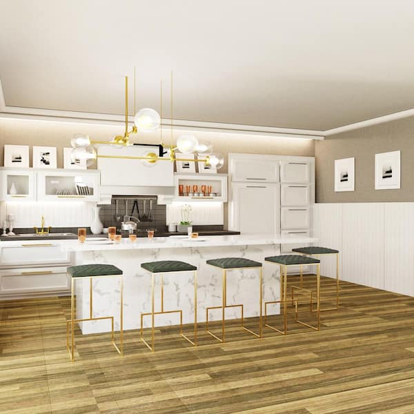 Leisuremod Quincy Quilted Green Leather Bar Stool Brushed Gold Metal Frame with Footrests Counter Height Chair Set of 2