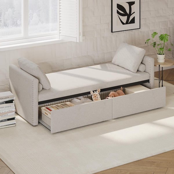 Harper & Bright Designs Beige Linen Upholstered Chaise Lounge with 2 Pillows and 2 Drawers