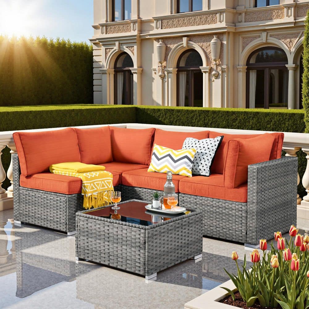 Elora Gray 5‑Piece Wicker Outdoor Sectional Sofa Set with Orange Red Cushion & Coffee Table for Patio, Backyard, Deck price history on PriceWatchPro