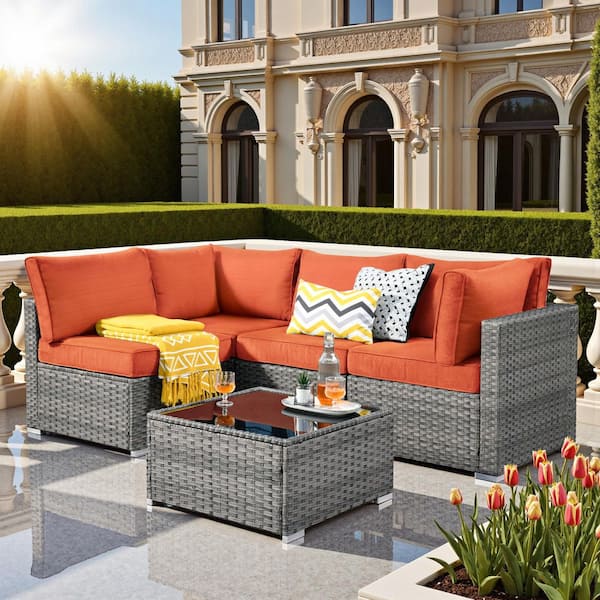 Elora Gray 5‑Piece Wicker Outdoor Sectional Sofa Set with Orange Red Cushion & Coffee Table for Patio, Backyard, Deck