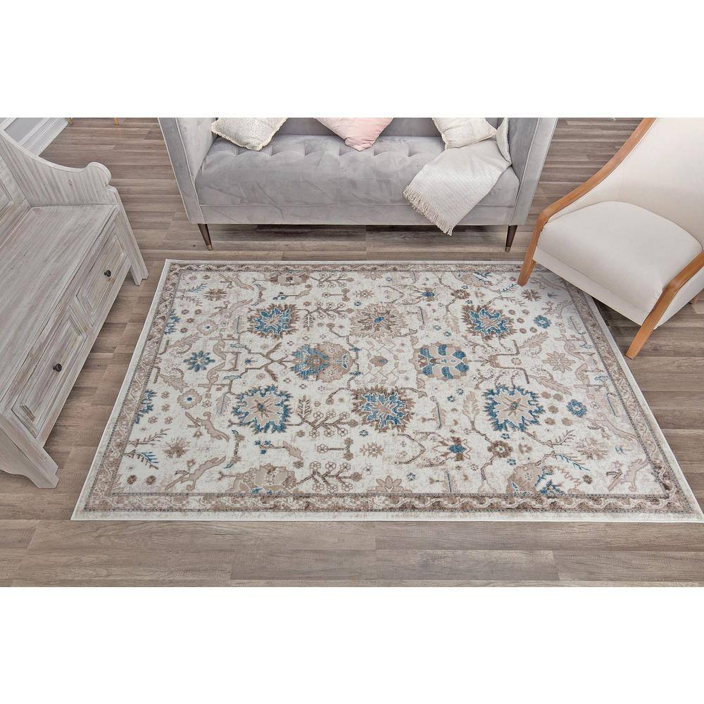 Honeysuckle Cream and Blue Synthetic Rectangular Area Rug