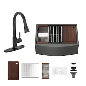 31 in. Farmhouse/Apron-Front Single Bowl 18 Gauge Gunmetal Black Stainless Steel Kitchen Sink with Pull-Down Faucet
