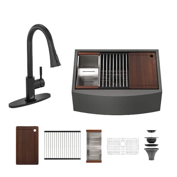 31 in. Farmhouse/Apron-Front Single Bowl 18 Gauge Gunmetal Black Stainless Steel Kitchen Sink with Pull-Down Faucet