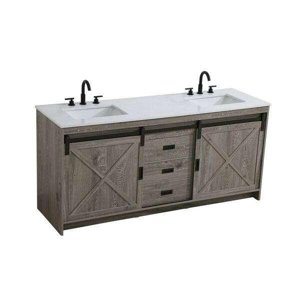 72 in. Double Sink Rustic Grey Bath Vanity with White Engineered Marble Top