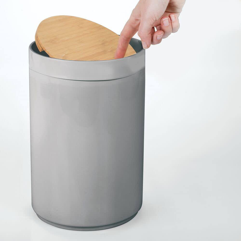 Compact Gray Plastic Trash Can with Natural Bamboo Lid