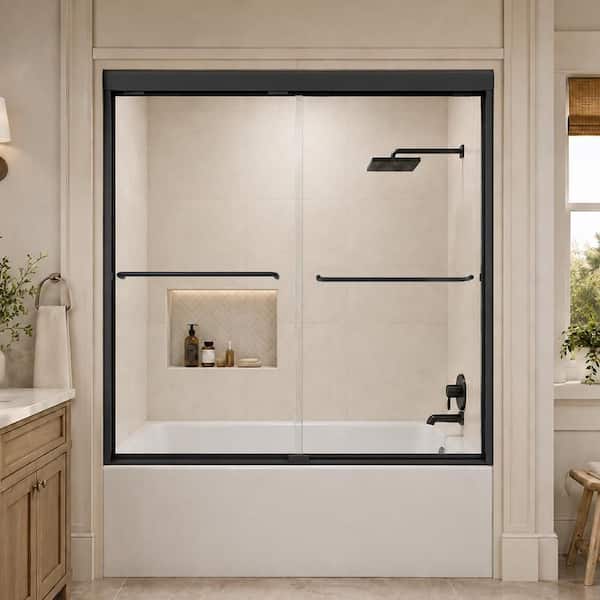 Lntano 60 in. W x 56 in. H Sliding Bath Tub Door in Semi Frameless in Matte Black with Clear Glass
