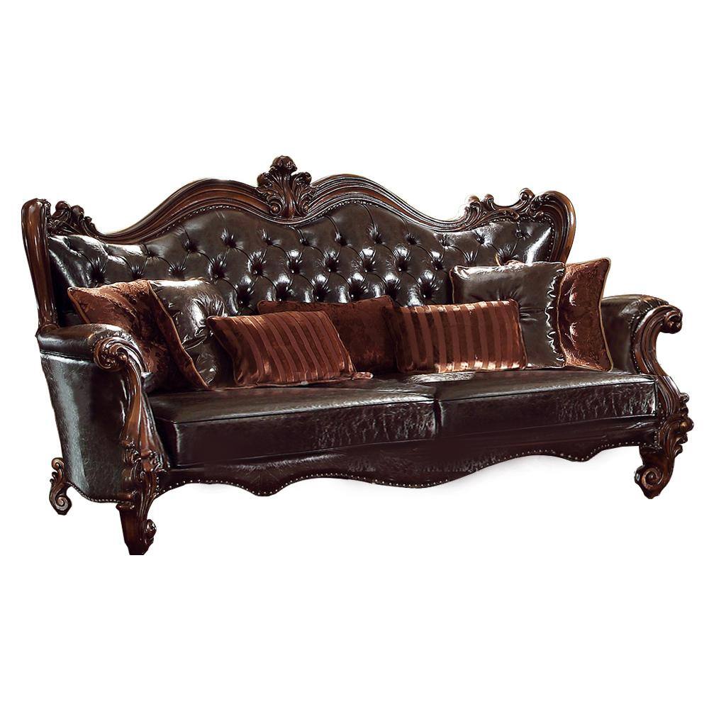 Versailles Dark Brown Leather Sofa with Cherry Oak Trim