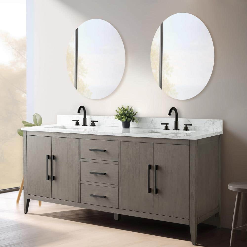 72'' Driftwood Gray Double Sink Bathroom Vanity with Marble Top