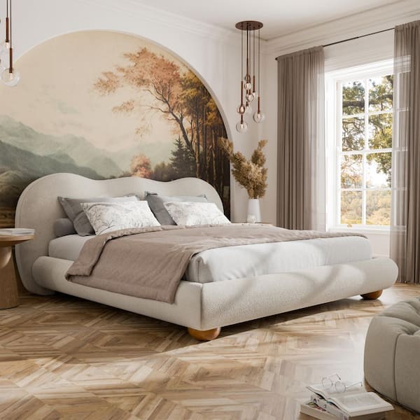 Synda White Wood Frame King Platform Fully Upholstered Bed with Camel-Back Shaped Headboard and Round Bun Feet