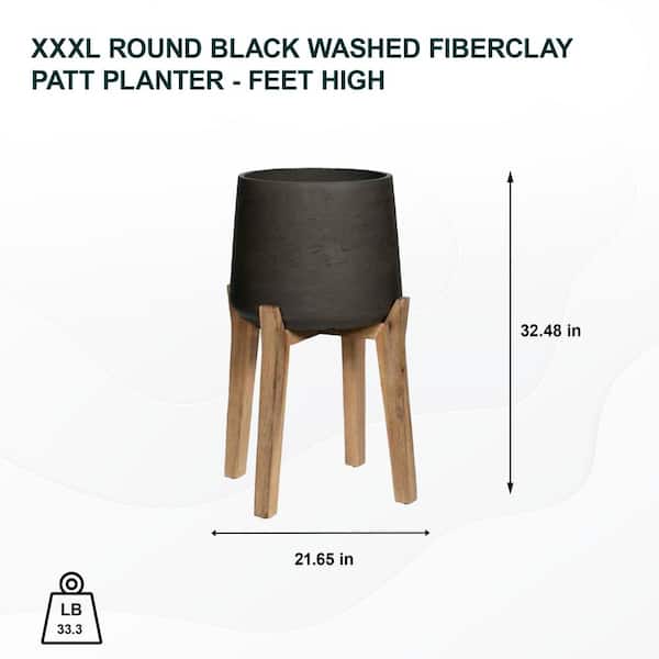 21.65 in. W x 32.48 in. H XXXL Round Black Washed Fiberclay Indoor Outdoor Patt Planter - Feet High