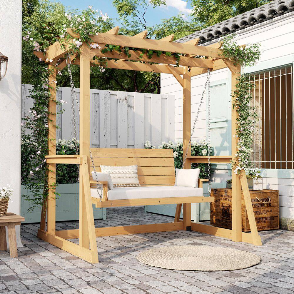 53 in. 2-Person Cedar Wood Patio Swing with Pergola Canopy and Galvanized Chains for Backyard Porch Garden Poolside