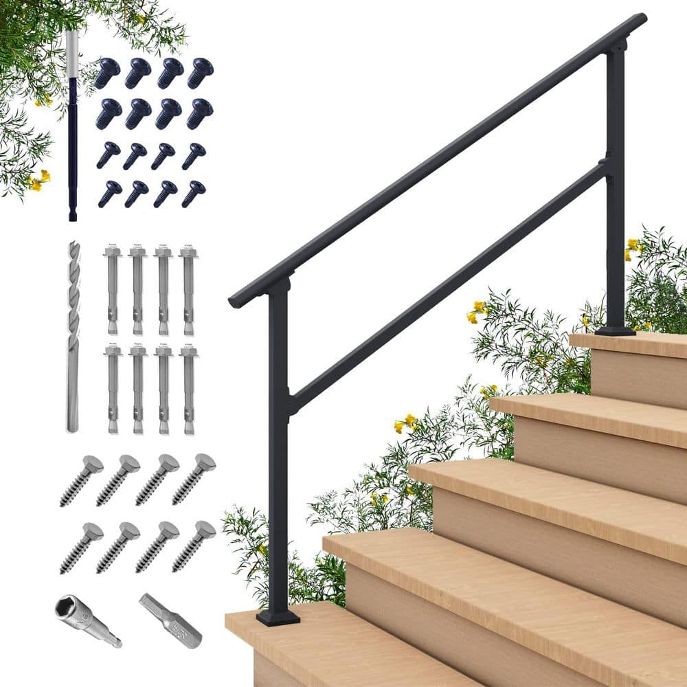 Black Wrought Iron 4-5 Step Outdoor Stair Handrail Kit