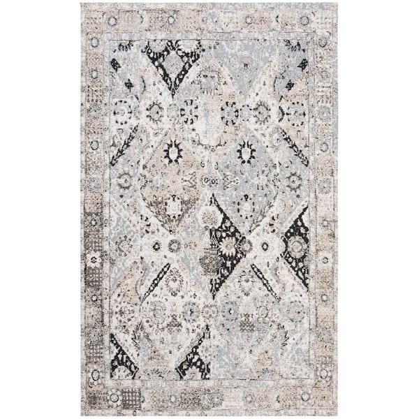 Classic Vintage 4 ft. x 6 ft. Ivory/Silver Distressed Diamond Border Area Rug