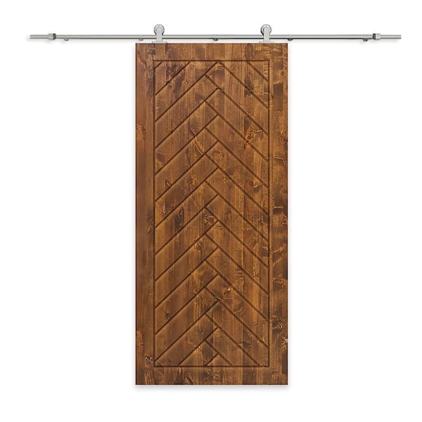 CALHOME 32 in. x 96 in. Walnut Stained Pine Wood Modern Interior Sliding Barn Door with Hardware Kit