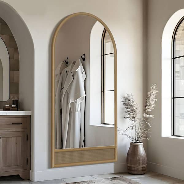 Lirago 37 in. W x 71 in. H Classic Arch Wood Frame with Rattan Bottom Wall Mirror in Brown