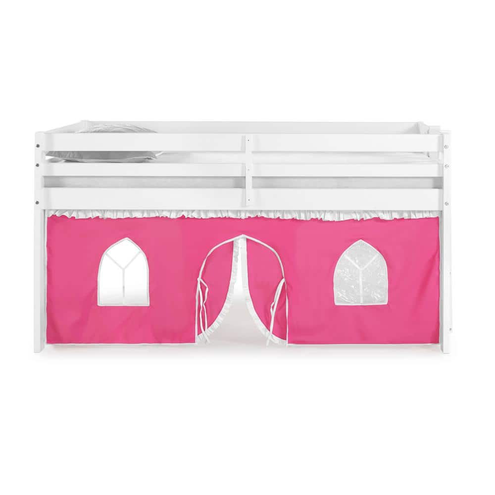 White Twin Pine Loft Bed with Pink Playhouse Tent