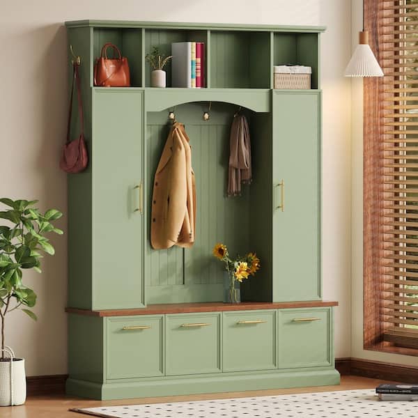 Green 4-IN-1 Elegant 59 in. Wide Hall Tree with 8 Golden Hooks, Adjustable Shelves, Style Coat, Entryway Bench