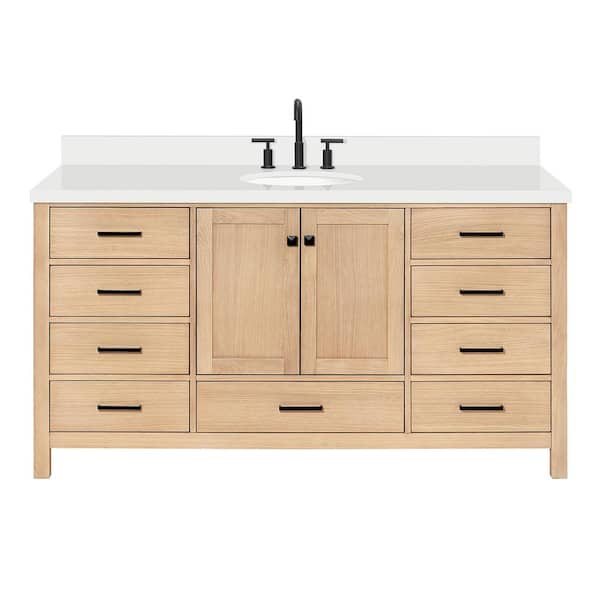 Cambridge 67 in. W x 22 in. D x 36 in. H Single Freestanding Bath Vanity in Oak with Pure White Quartz Top