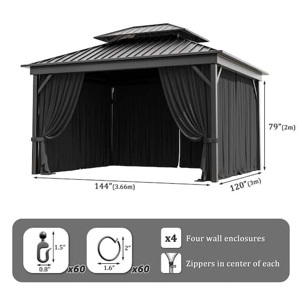 10 ft. x 12 ft. Universal Outdoor Privacy Curtains, Gazebo Replacement with Zipper Black (4-Side Curtain Only)