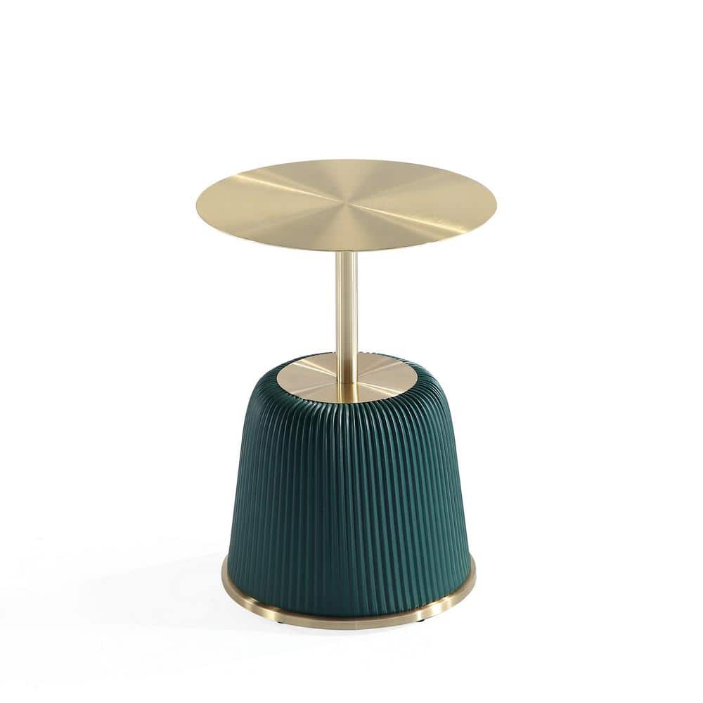 Green and Gold Metal Round Accent Table with Ridged Base