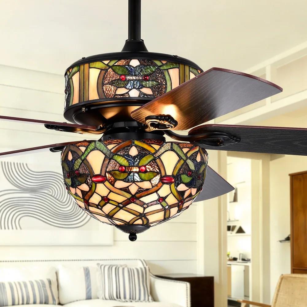 Parponk 52-Inch Flushmount Two-Tiered Lighted Ceiling Fan Green Hatch Tiffany Glass Lamp Black Finish price history on PriceWatchPro