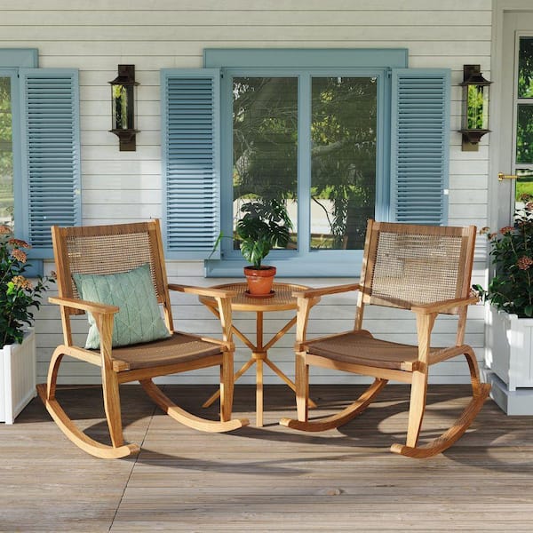 2-Piece Acacia Wood Outdoor Rocking Chair with Wicker Rattan Seat and Backrest for Backyard, Balcony