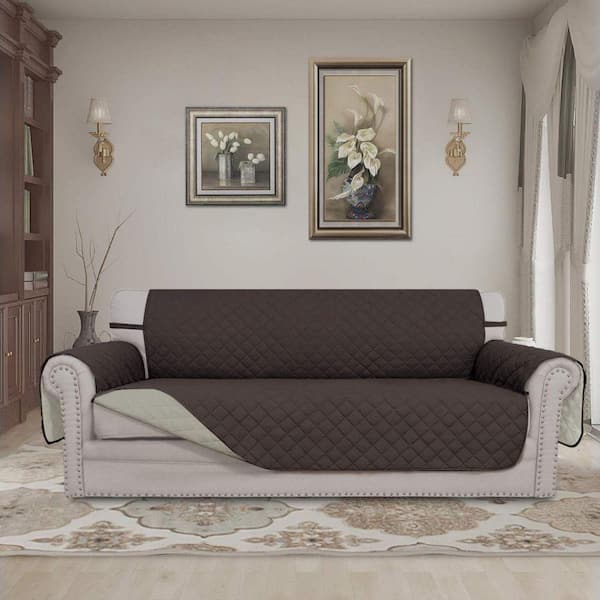 Chocolate and Beige Polyester Quilted Reversible Slipcover with Anti-Slip Foam Sticks and Straps for 3-Cushion Sofa