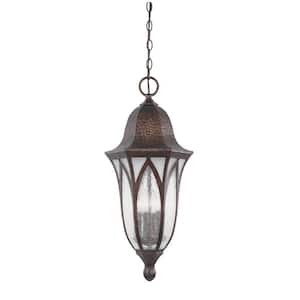 Berkshire 36 in. Burnished Antique Copper 4-Light Outdoor Hanging Lamp with Clear and Frosted Seedy Glass Shade