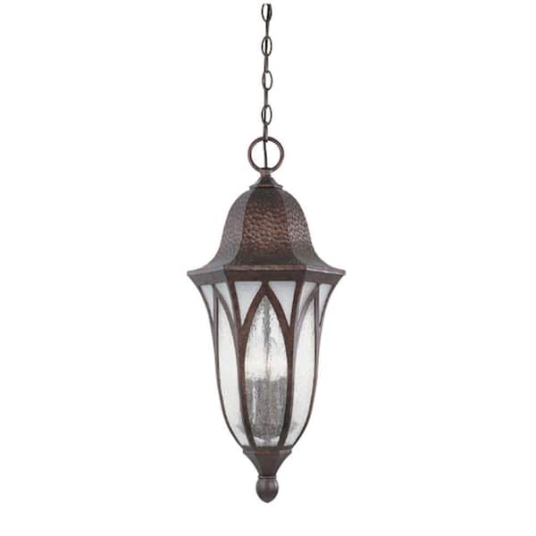 Designers Fountain Berkshire 4-Light Burnished Antique Copper Outdoor Hanging Pendant Light with Clear and Frosted Seedy Glass Shade