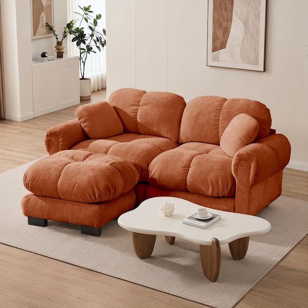Lamont 76.3 in. Round Arms Chenille L-Shaped Sectional Sofa in Orange with Exquisite Pillows, Movable Ottoman