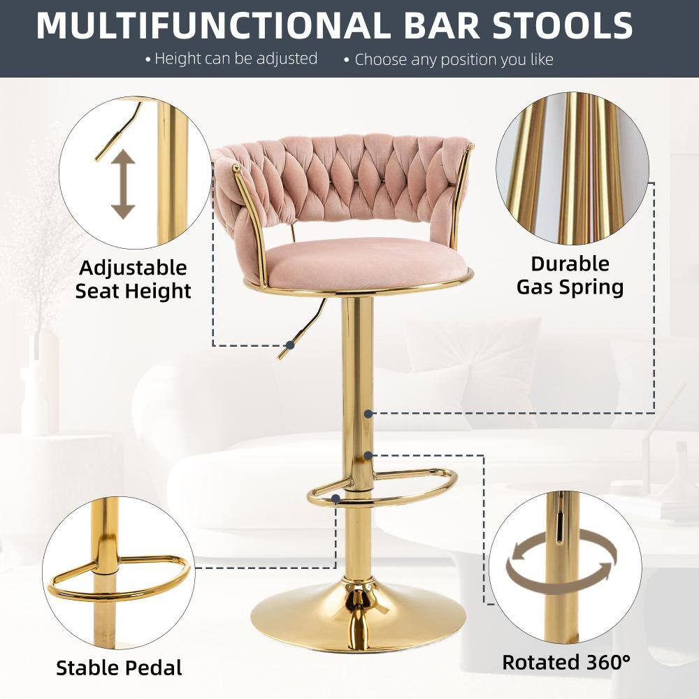 Infographic showing features of the pink velvet bar stool.