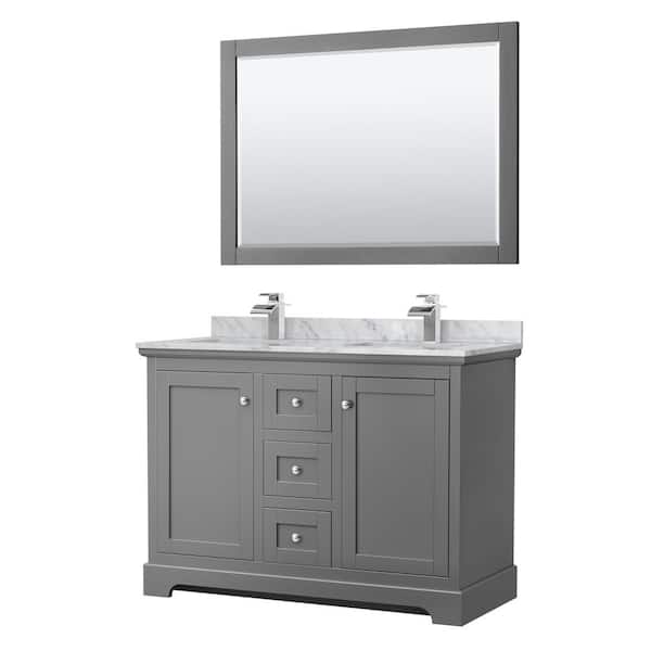 Wyndham Collection Avery 48 in. W x 22 in. D Double Vanity in Dark Gray with Marble Vanity Top in Carrara with Square Basins and Mirror