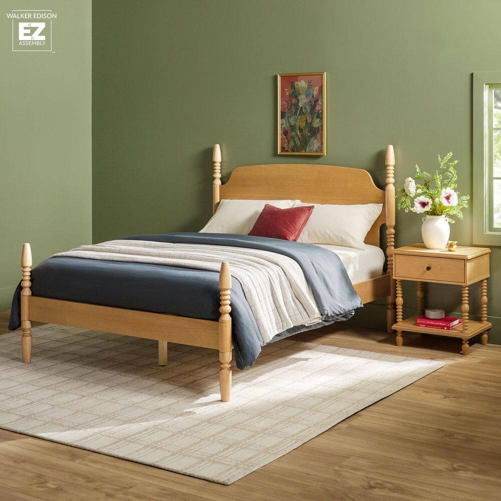 Natural Solid Wood Queen Spindle Bed Frame with Upholstered Headboard