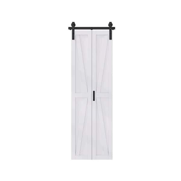 25 in. x 84 in. Assembled Bi-Fold K Shape White Primed DIY Available Solid Core MDF Sliding Barn Door with Hardware Kit