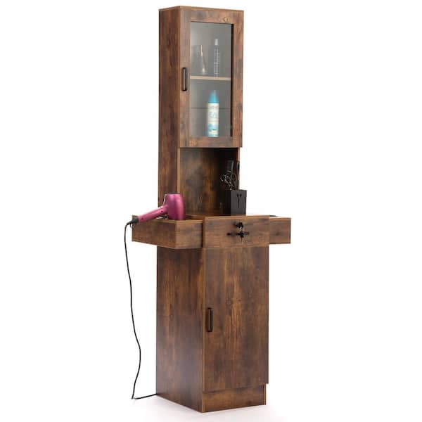 Clihome Rustic Brown 67 in. Stand Barber Station, Hair Styling Equipment with Glass Door