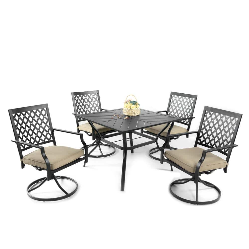 MEOOEM Black 5Piece Metal Outdoor Dining Set, Square Table with 2.25