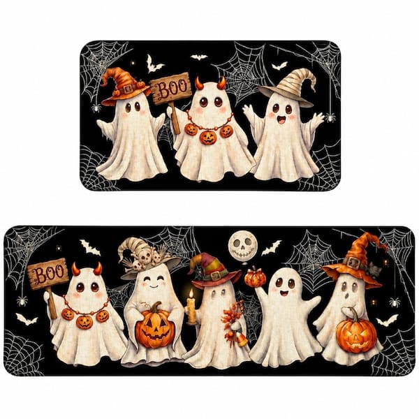 Black Halloween Ghost Burlap Kitchen Rugs Set of 2 with Rubber Backing, Indoor Outdoor Mat