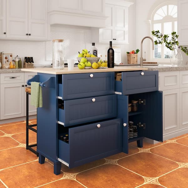 FAMYYT Blue Drop Leaf Rubber Wood Tabletop 50.3 in. Kitchen Island with 2-High Quality Stools