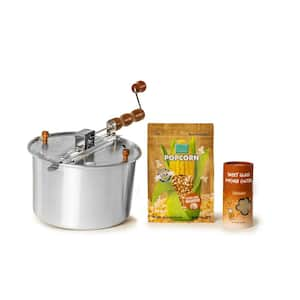 6 Qt. Aluminum Silver Stovetop Popcorn Popper with Caramel Sugar Glaze and XL Mushroom Kernels 3-Piece Popcorn Set