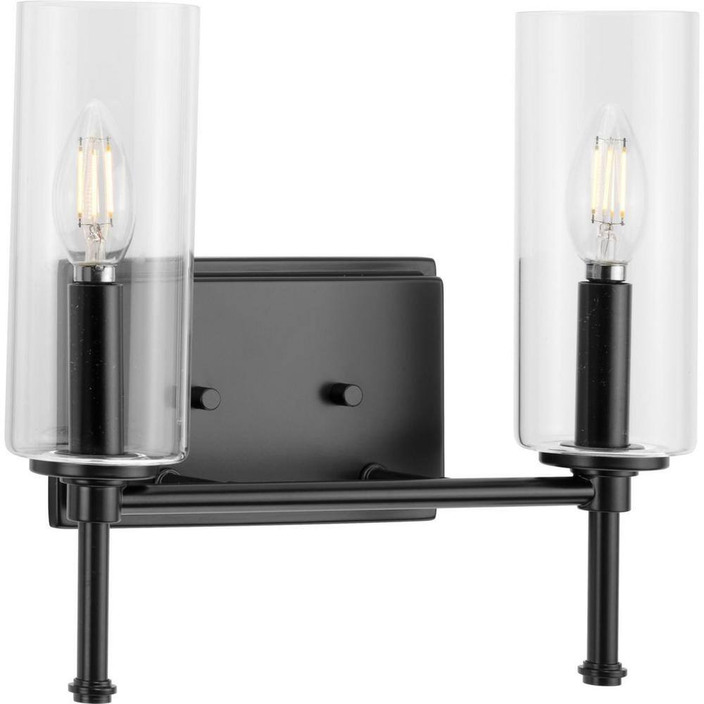 Matte Black 2-Light Cylinder Wall Sconce with Clear Glass Shades