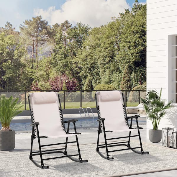 Unbranded Outdoor Metal Folding Camping Outdoor Rocking Chair Set of 2, with Headrests, for 2 Adults, White