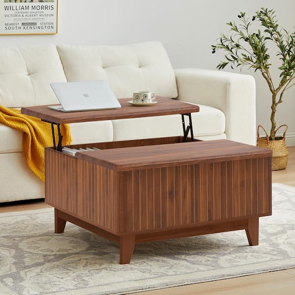 ATHMILE 31.49 in. Walnut Square Wood Coffee Table With Storage and Lift top