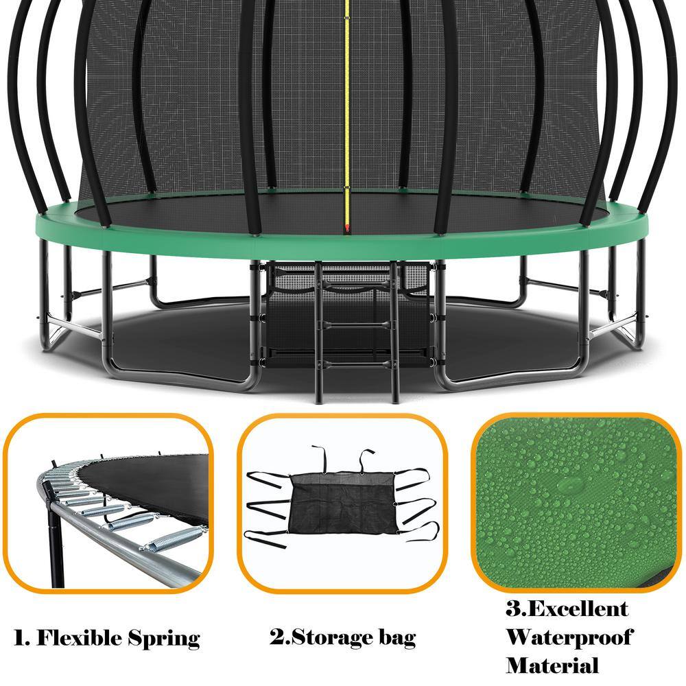 16FT Green Round Trampoline with Enclosure Net and Ladder