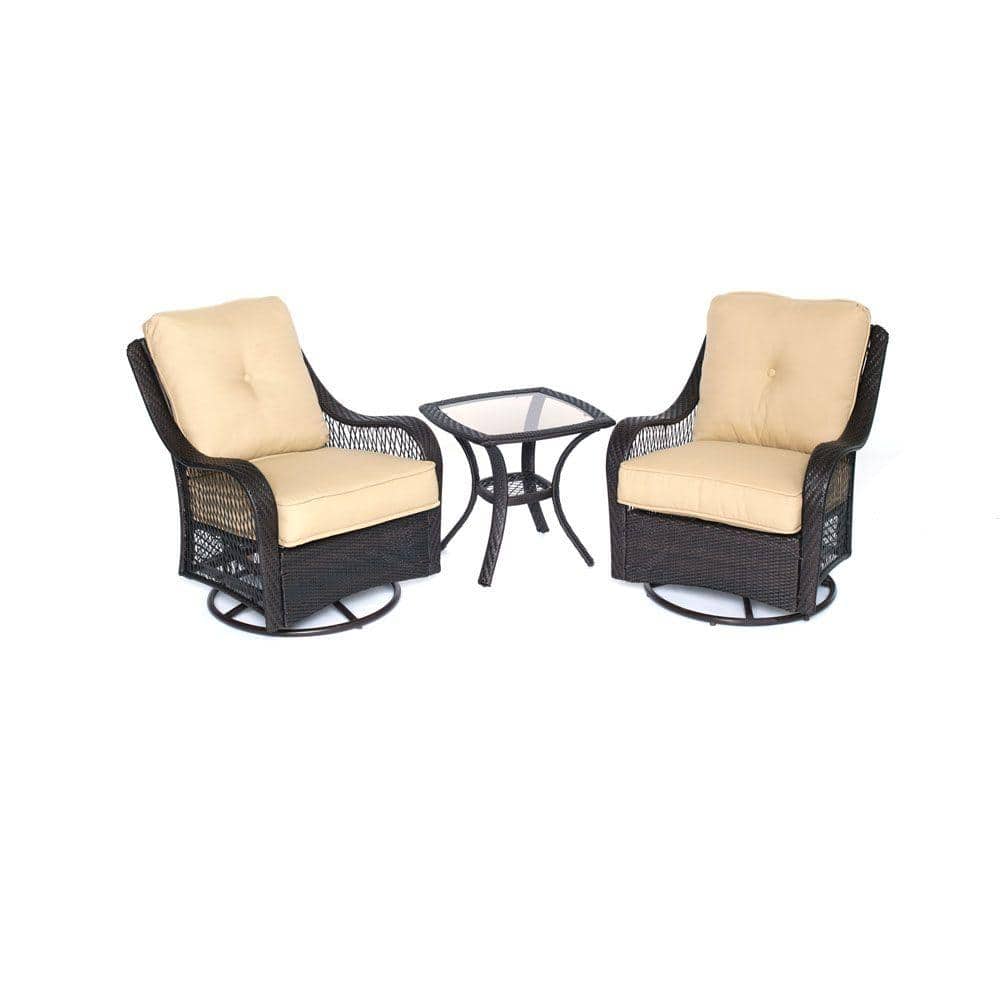 Hanover Orleans 3 Piece All Weather Wicker Patio Swivel Rocking Chat Set With Sahara Sand Cushions Orleans3pcsw B Tan The Home Depot