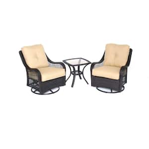 Orleans 3-Piece All-Weather Wicker Patio Swivel Rocking Chat Set w/ Sahara Sand Cushions 2 Pillows, Glass Top Side Table