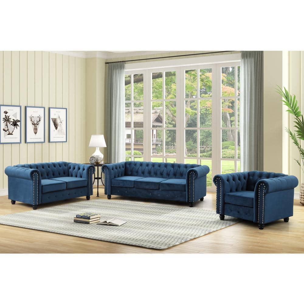 Venice 61" Blue Velvet Tufted Chesterfield Loveseat with Nailhead Trim