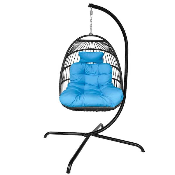 DIRECT WICKER Seabra Patio Swing Chair with Stand Outdoor Foldable Hanging Chair with Blue Cushions