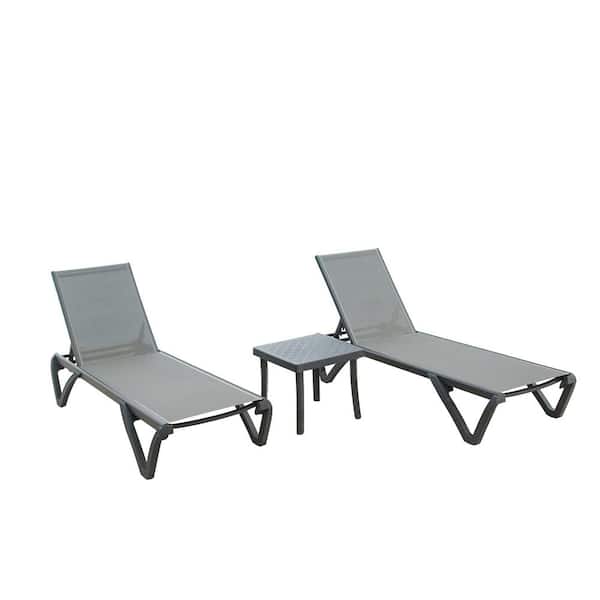 Angel Sar Gray Adjustable Metal Outdoor Chaise Lounge with Side Table (Set of 3)