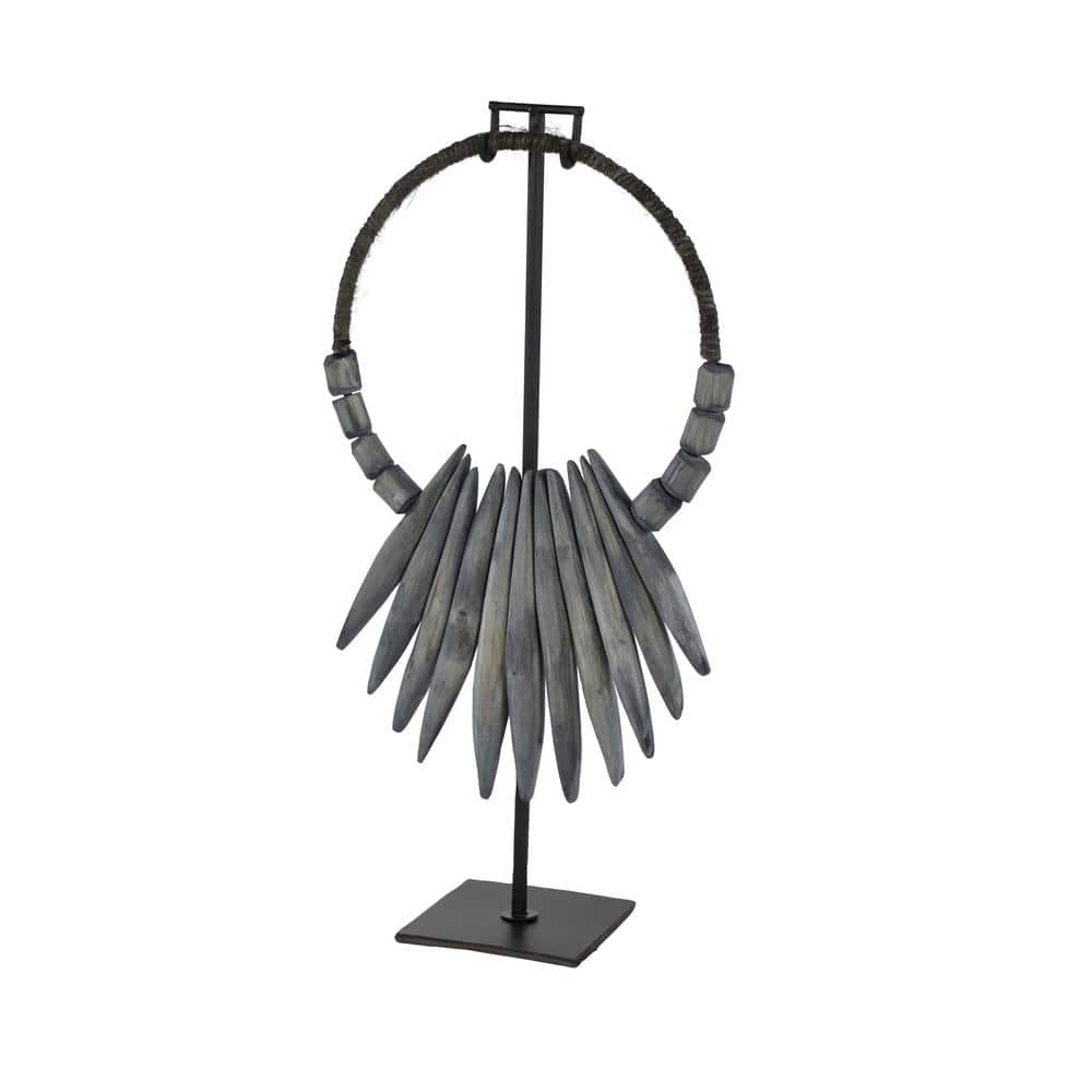 Gray Teak Wood Tribal Necklace Sculpture with Stand